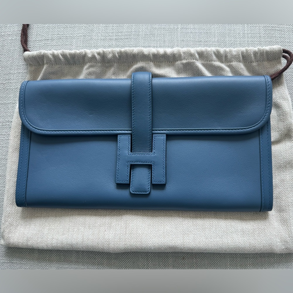 HERMES Jige Swift Blue Jean Leather Pouch/handbag/clutch